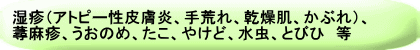 湿疹(アトピー性皮膚炎、手荒れ、乾燥肌、かぶれ)、 蕁麻疹、うおのめ、たこ、やけど、水虫、とびひ 等